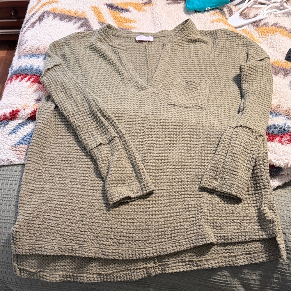 Pink Lily Olive Green Waffle Knit V-Neck Tunic